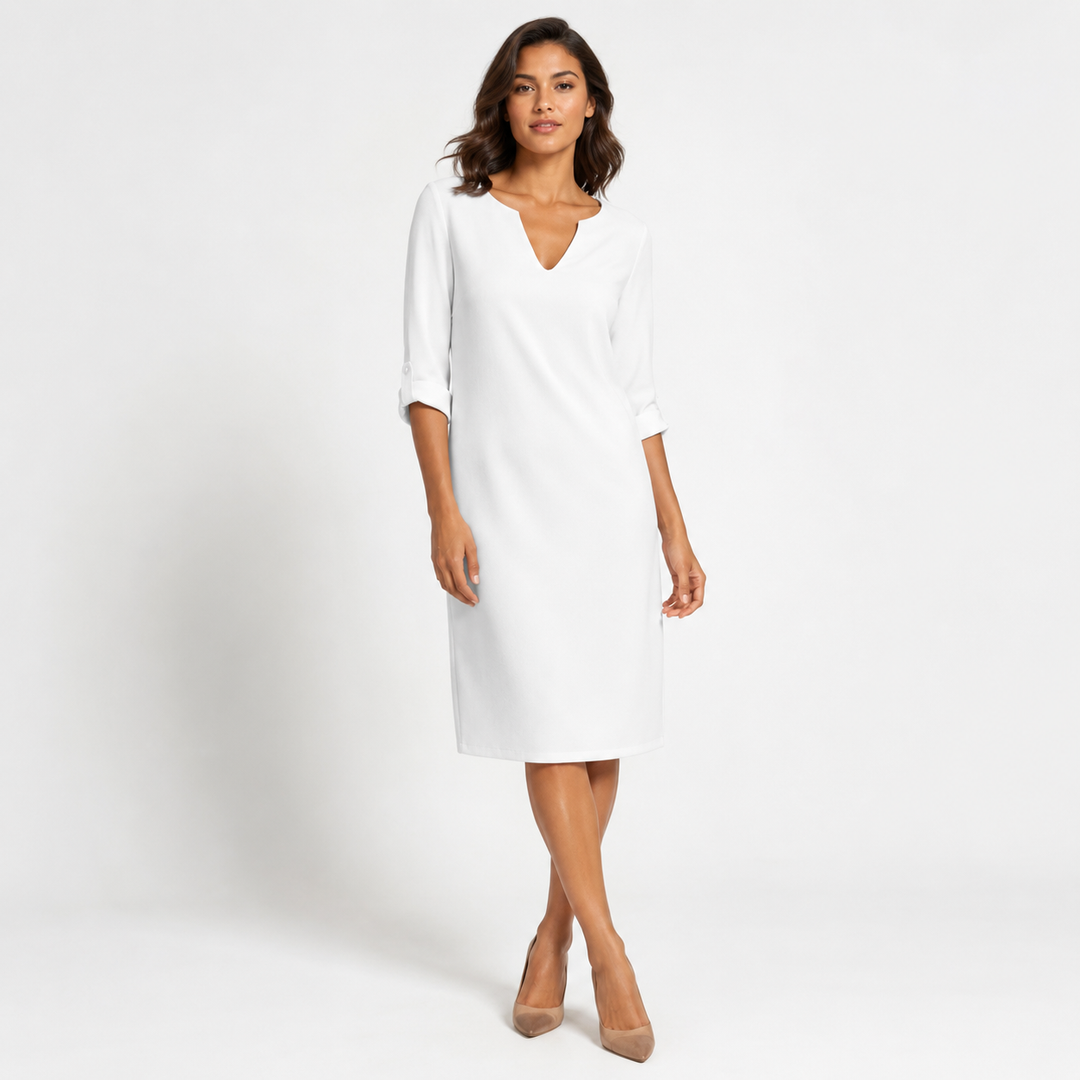 Susanna – Notch-Neck Shift Midi Dress with 3/4 Sleeves