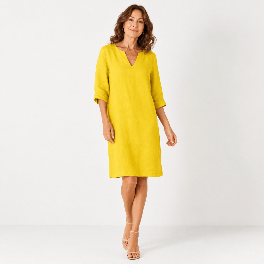Susanna – Notch-Neck Shift Midi Dress with 3/4 Sleeves