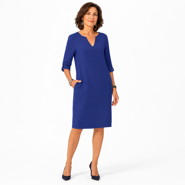 Susanna – Notch-Neck Shift Midi Dress with 3/4 Sleeves