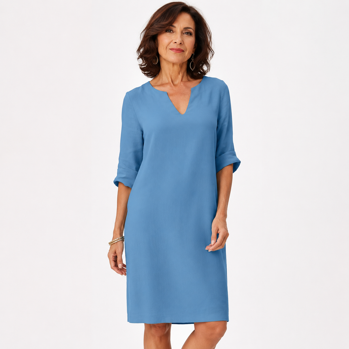 Susanna – Notch-Neck Shift Midi Dress with 3/4 Sleeves