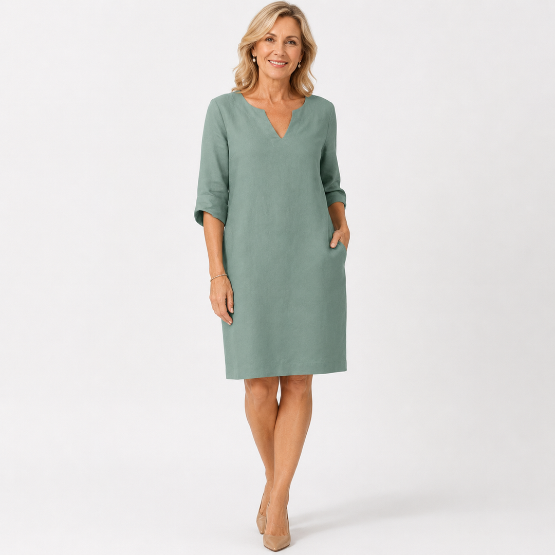 Susanna – Notch-Neck Shift Midi Dress with 3/4 Sleeves