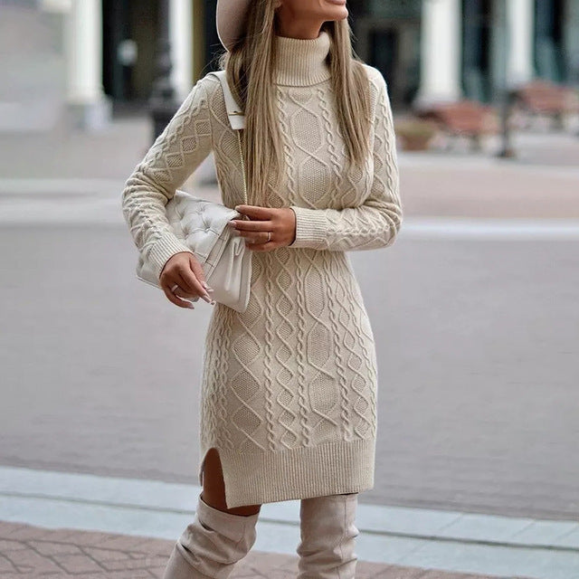 Priya – Turtleneck Cable-Textured Mini Sweater Dress for Women