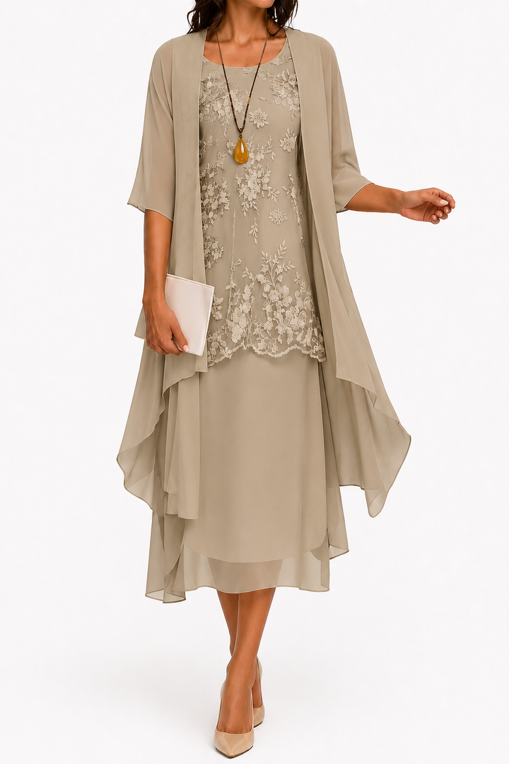 NOUVEAU RICHE Zahara | Damenkleid mit Rundhalsausschnitt und 3/4-Ärmeln für Hochzeitsgäste | Blumenmuster & Midi Taupe