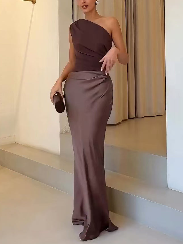 Sara – Pleated One-Shoulder Maxi Dress for Timeless Elegance