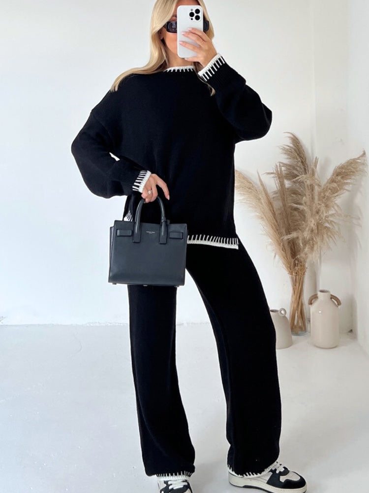 Kris – Whipstitch-Trim Sweater and Wide-Leg Trouser Set