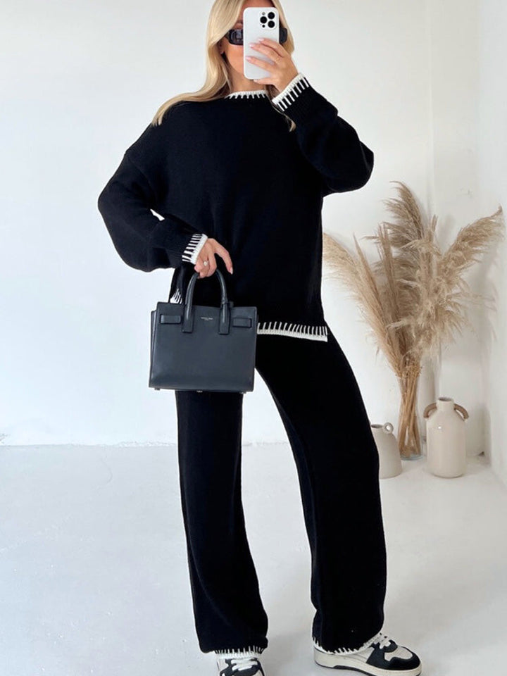 Kris – Whipstitch-Trim Sweater and Wide-Leg Trouser Set