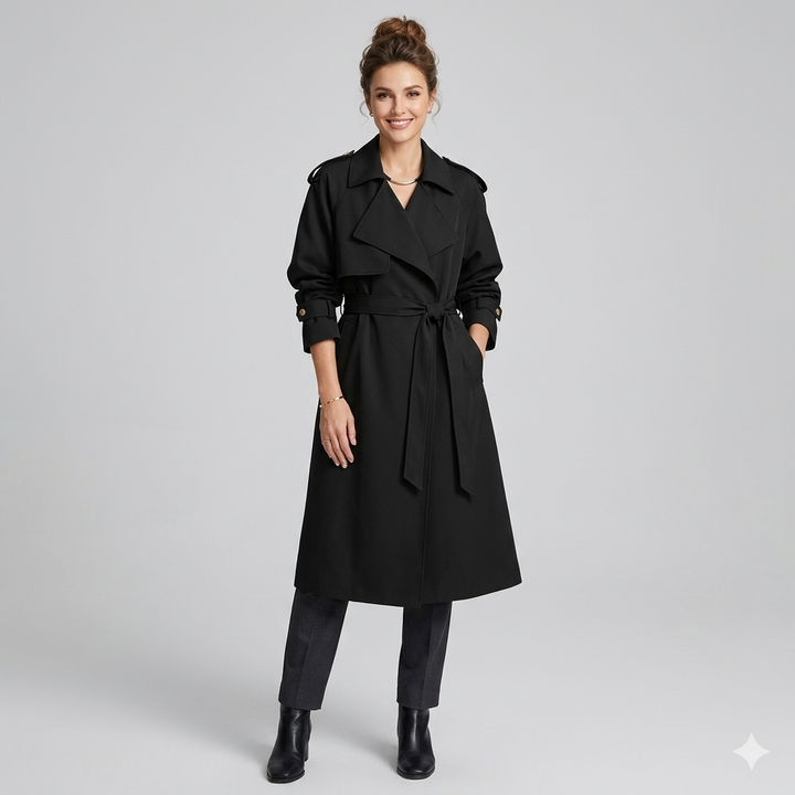 Maisie – Waterfall-Lapel Trench Coat with Tie Belt