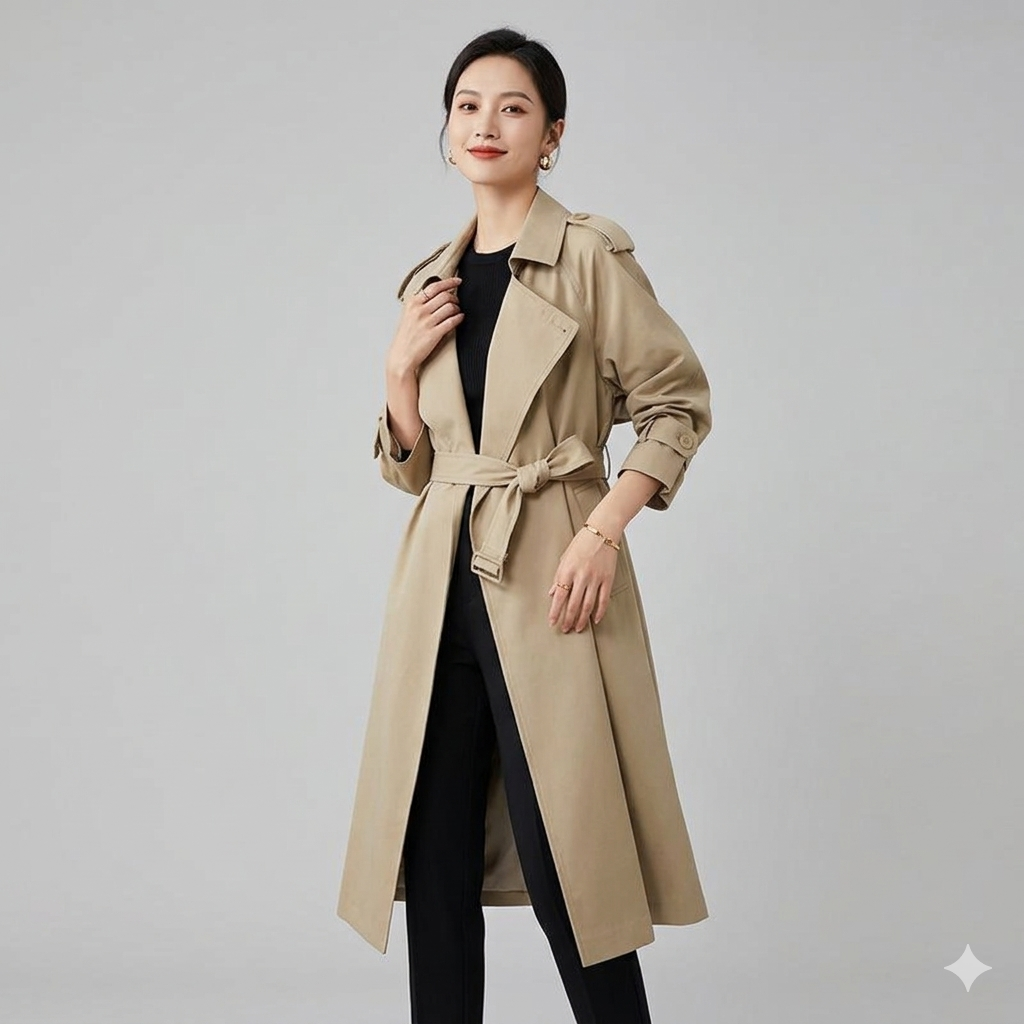 Maisie – Waterfall-Lapel Trench Coat with Tie Belt