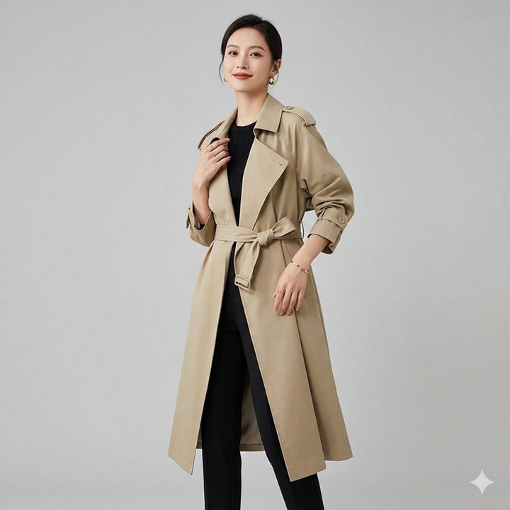 Maisie – Waterfall-Lapel Trench Coat with Tie Belt