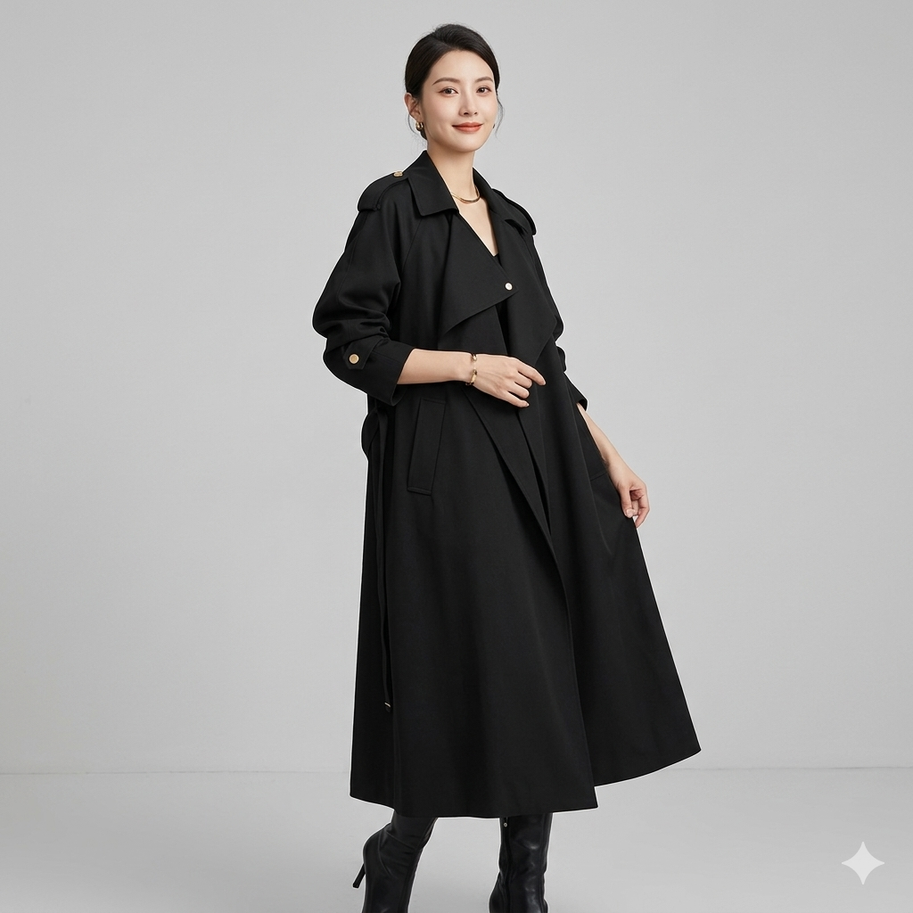 Maisie – Waterfall-Lapel Trench Coat with Tie Belt