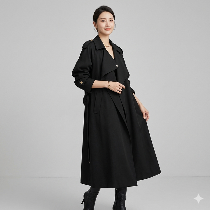Maisie – Waterfall-Lapel Trench Coat with Tie Belt