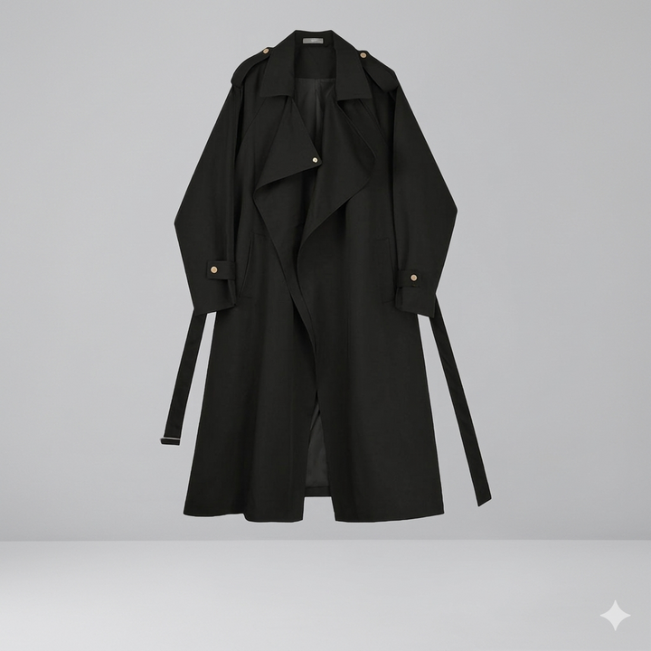 Maisie – Waterfall-Lapel Trench Coat with Tie Belt