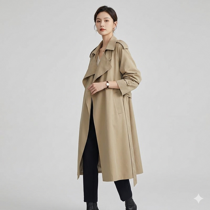 Maisie – Waterfall-Lapel Trench Coat with Tie Belt