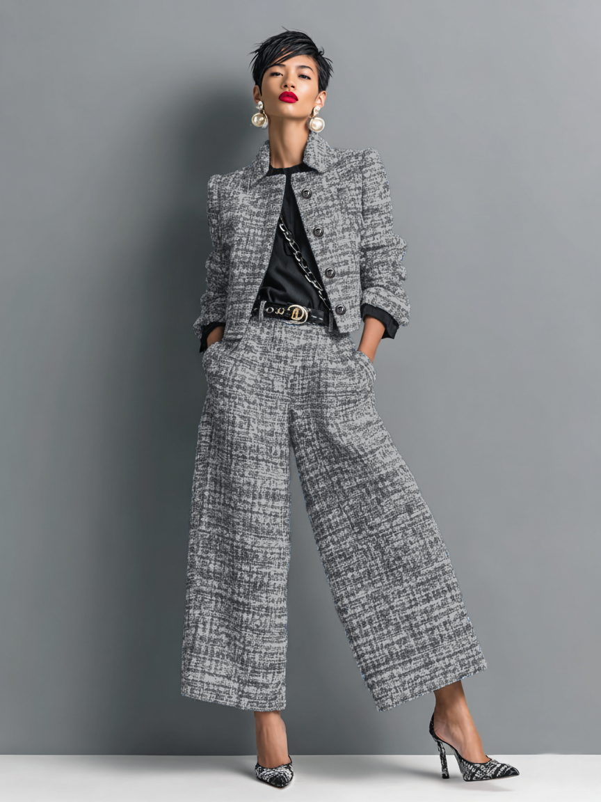 Lia – Bouclé Cropped Jacket and Wide-Leg Trouser Set