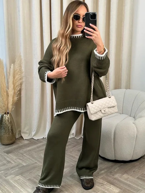 Kris – Whipstitch-Trim Sweater and Wide-Leg Trouser Set