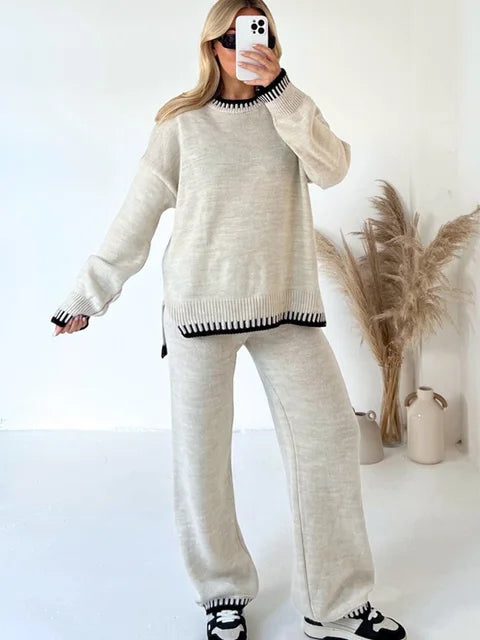 Kris – Whipstitch-Trim Sweater and Wide-Leg Trouser Set
