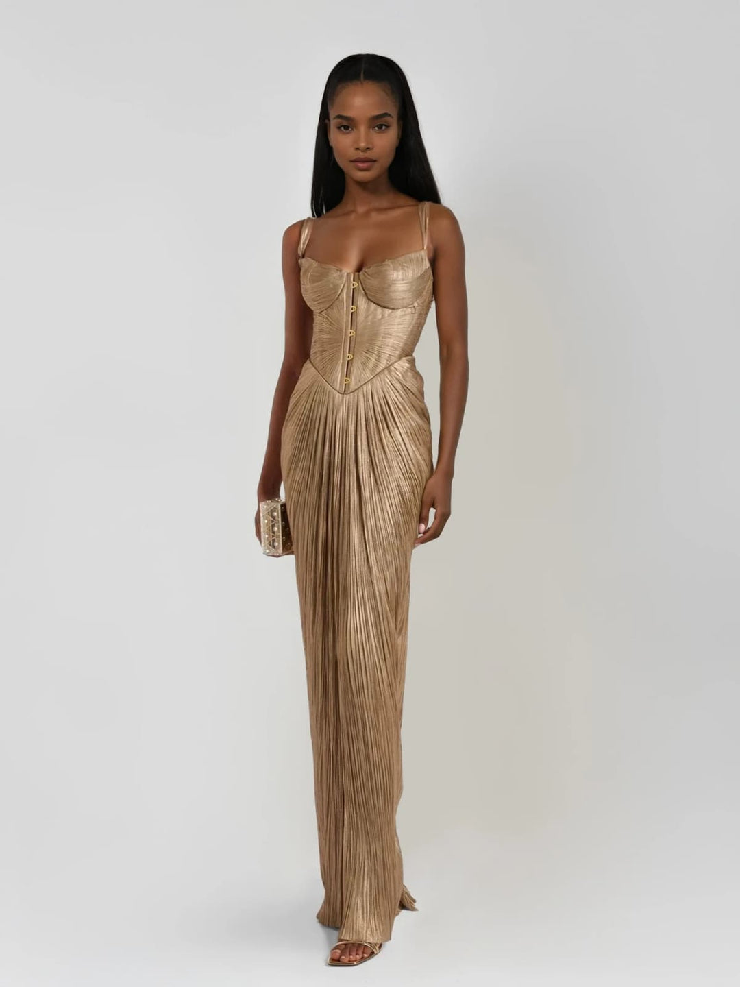 Robe longue corset plissée, fines bretelles, dos lacé et fente.