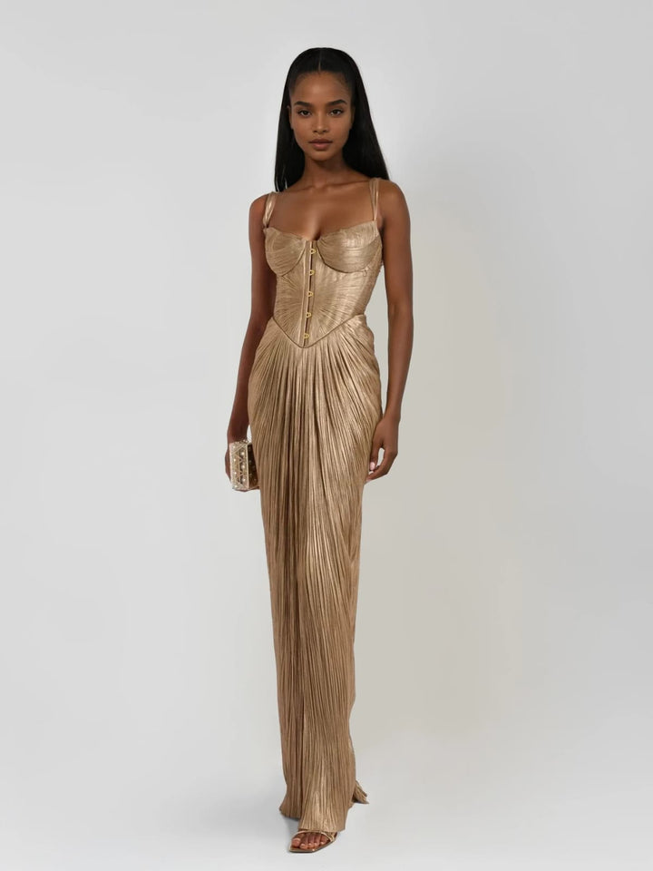 Robe longue corset plissée, fines bretelles, dos lacé et fente.