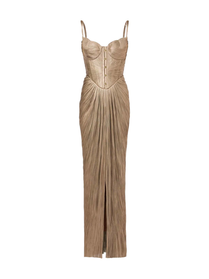 Robe longue plissée, bustier corset, fines bretelles, dos lacé, fente.