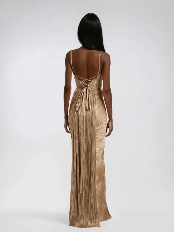 Robe longue corset, jupe plissée. Bretelles fines, dos lacé, fente.