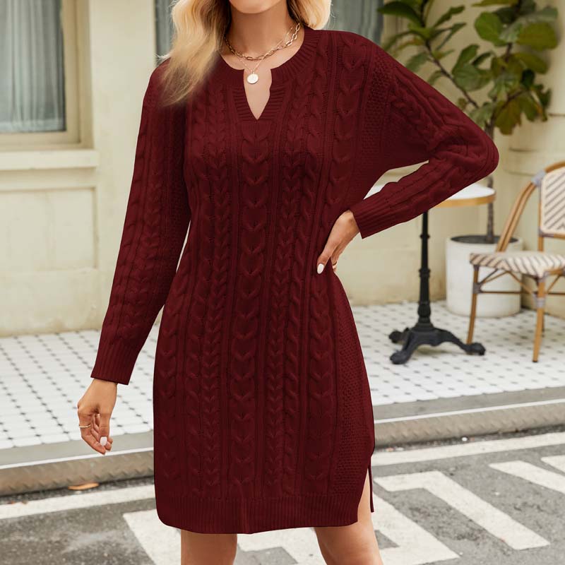 Rachael – Notched Neck Cable-Textured Mini Sweater Dress for Women