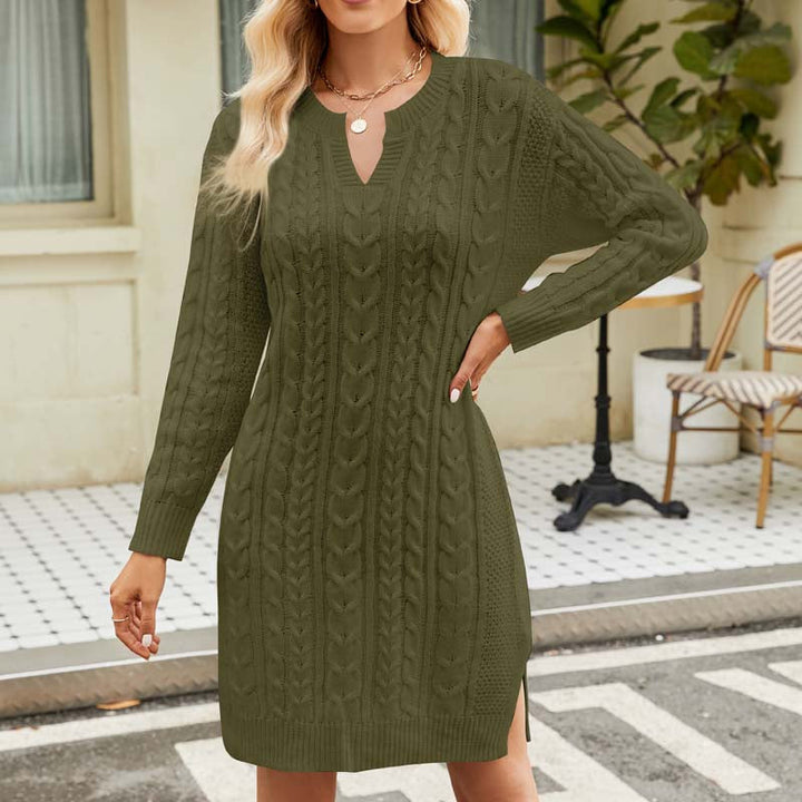 Rachael – Notched Neck Cable-Textured Mini Sweater Dress for Women