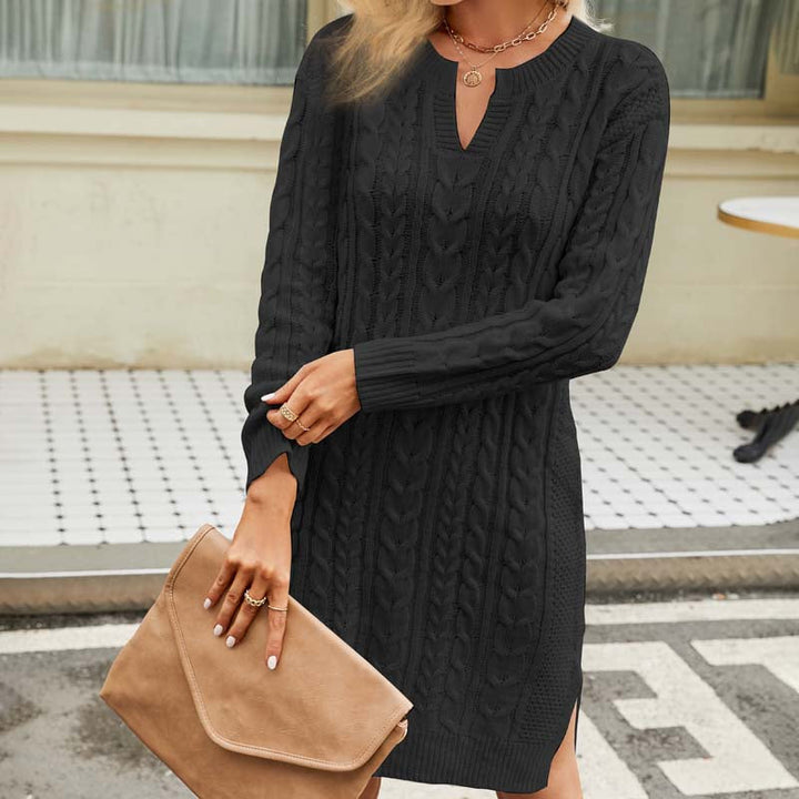 Rachael – Notched Neck Cable-Textured Mini Sweater Dress for Women
