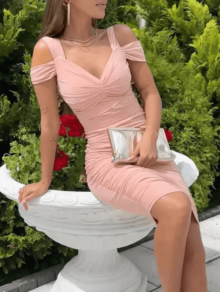 Astrid – Cold-Shoulder Ruched Bodycon Midi Dress, Wedding Guest