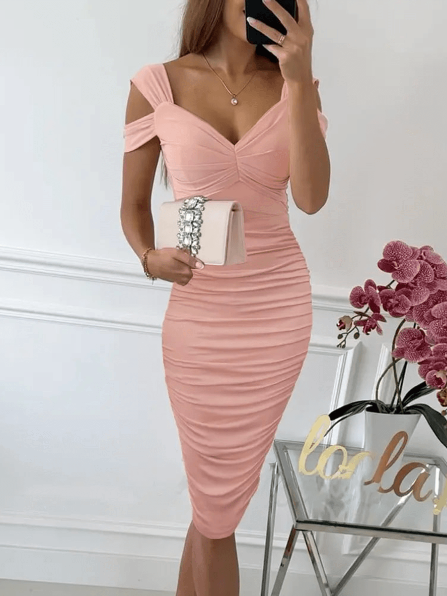 Astrid – Cold-Shoulder Ruched Bodycon Midi Dress, Wedding Guest
