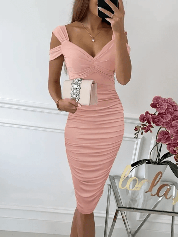 Astrid – Cold-Shoulder Ruched Bodycon Midi Dress, Wedding Guest
