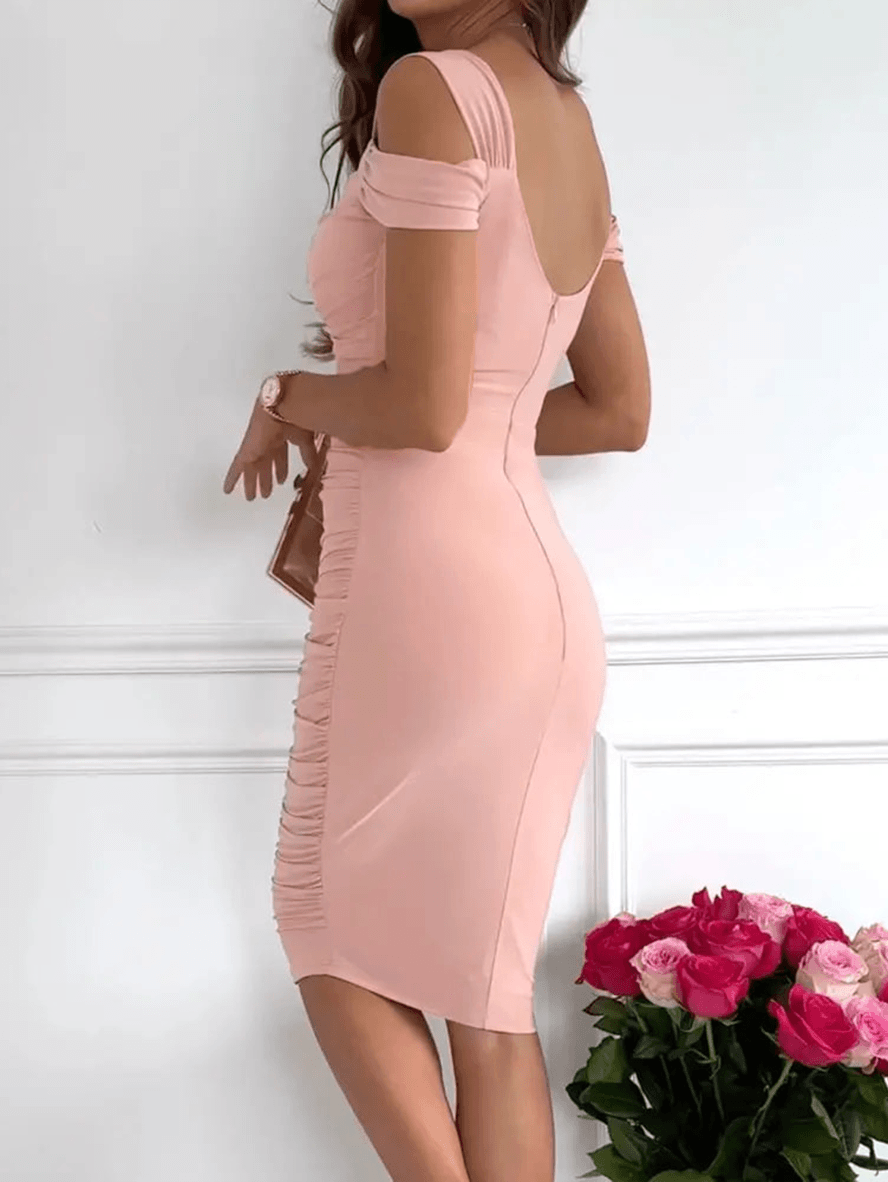 Astrid – Cold-Shoulder Ruched Bodycon Midi Dress, Wedding Guest