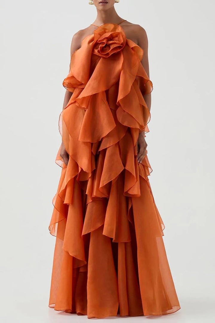 NOUVEAU RICHE 3D Blumenkleid mit Neckholder und Rüschendetails Lila Orange