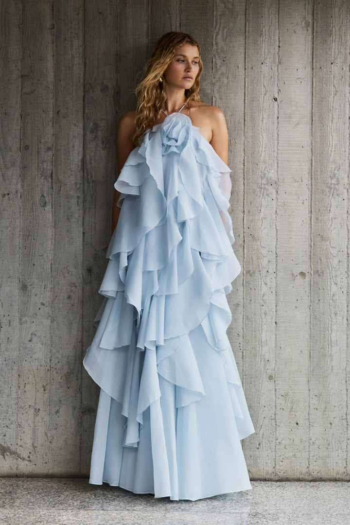 NOUVEAU RICHE 3D Blumenkleid mit Neckholder und Rüschendetails Lila