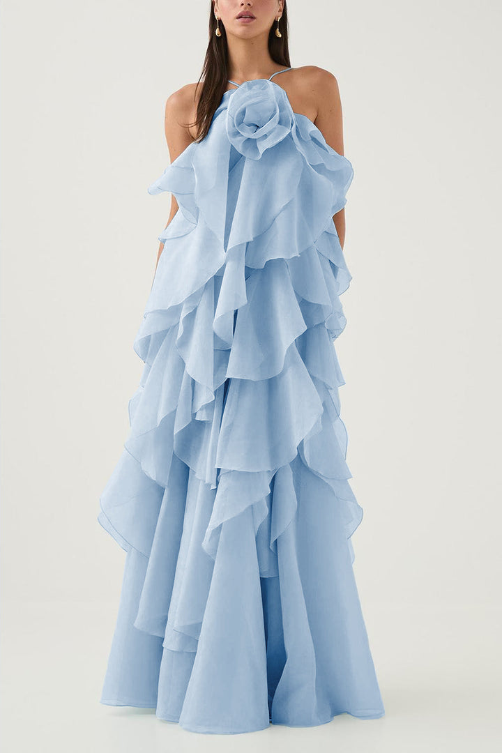 NOUVEAU RICHE 3D Blumenkleid mit Neckholder und Rüschendetails Lila Hellblau