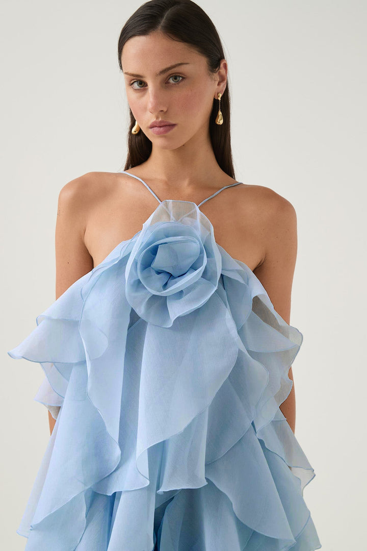 NOUVEAU RICHE 3D Blumenkleid mit Neckholder und Rüschendetails Lila