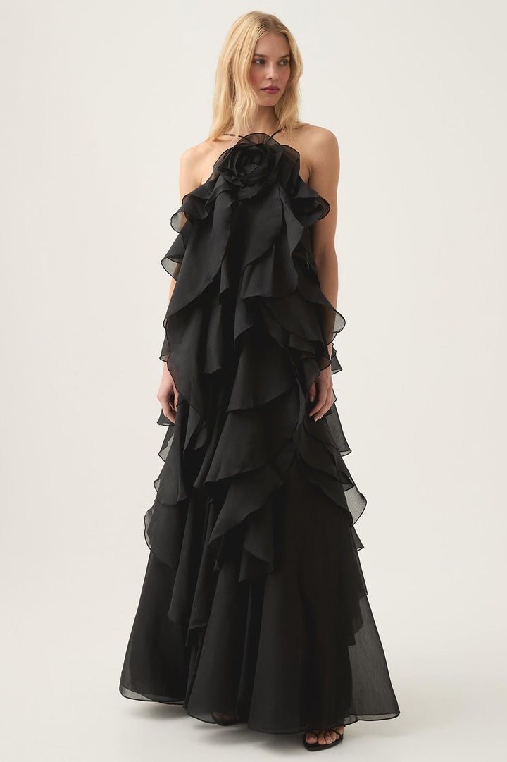 NOUVEAU RICHE 3D Blumenkleid mit Neckholder und Rüschendetails Lila Schwarz