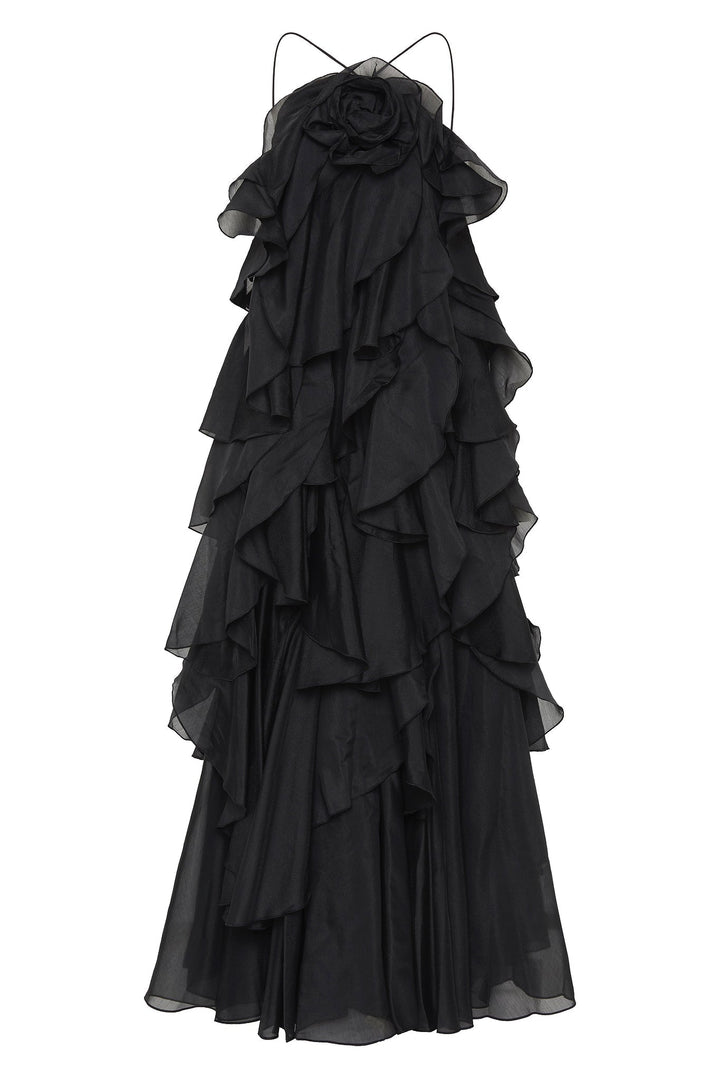 NOUVEAU RICHE 3D Blumenkleid mit Neckholder und Rüschendetails Lila
