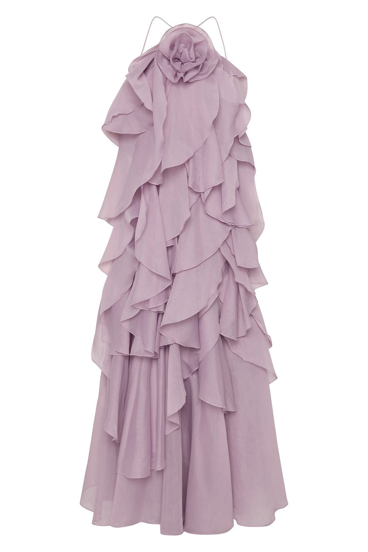 NOUVEAU RICHE 3D Blumenkleid mit Neckholder und Rüschendetails Lila