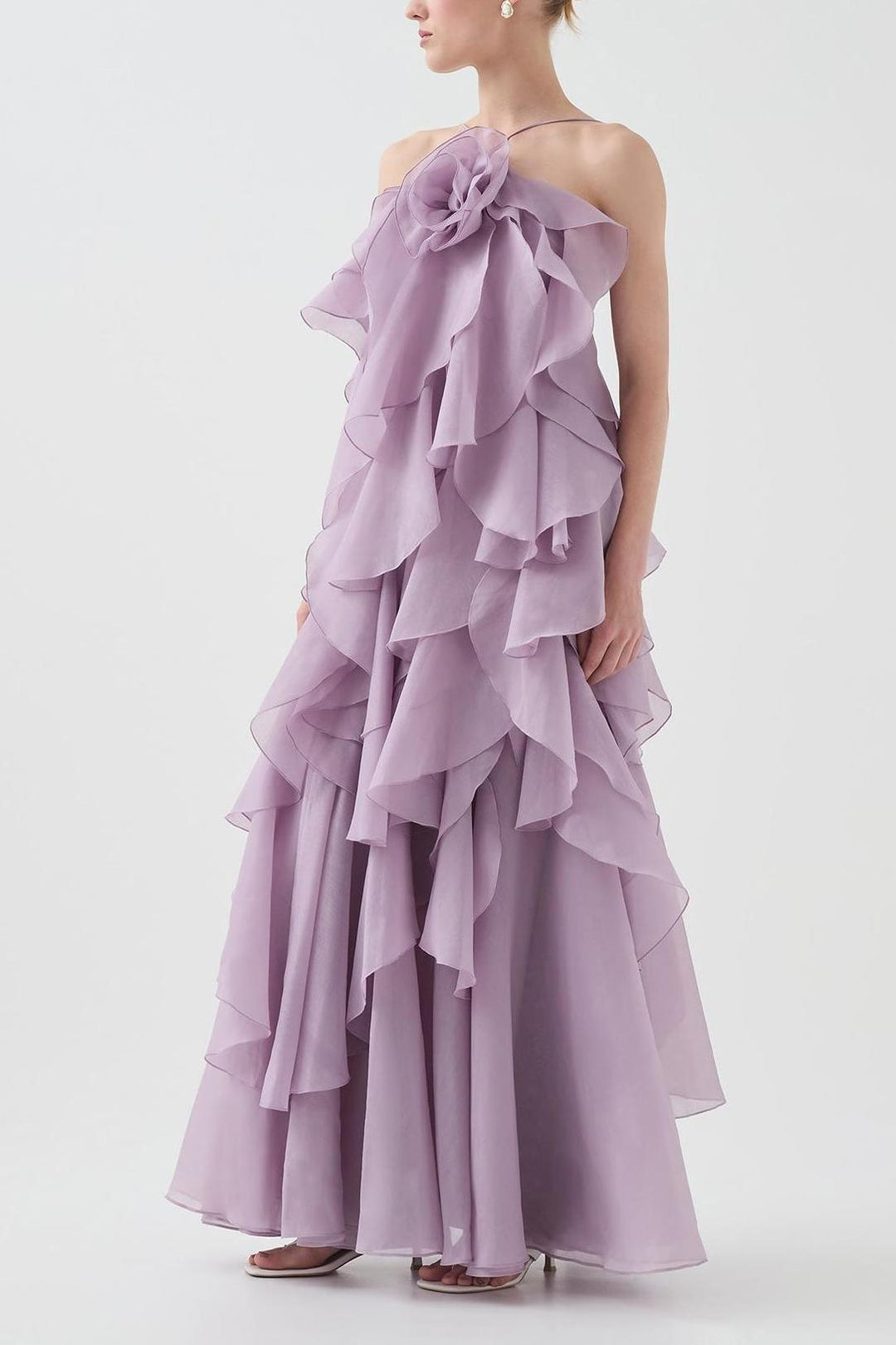 NOUVEAU RICHE 3D Blumenkleid mit Neckholder und Rüschendetails Lila