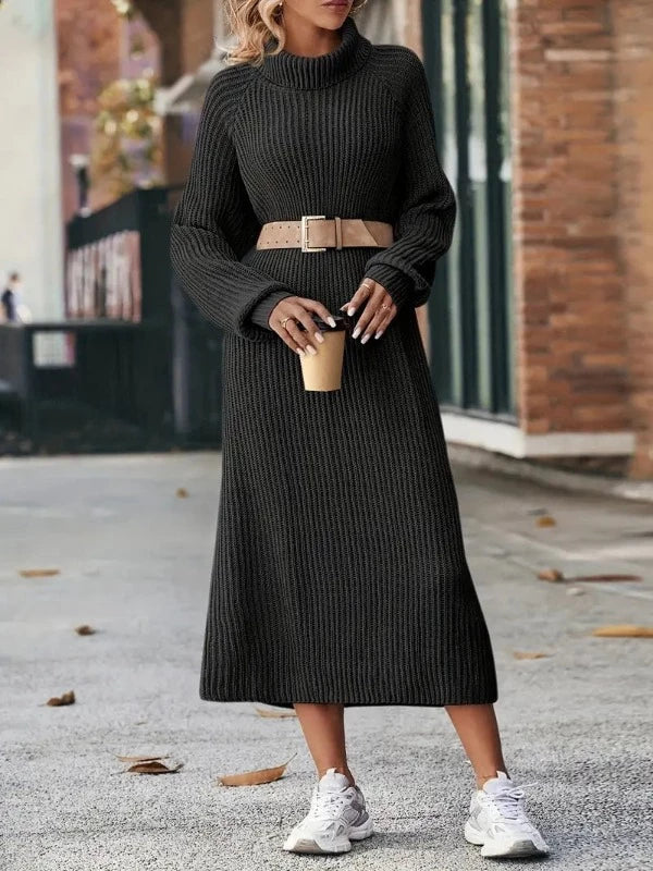 Raya – Belted Turtleneck Midi Sweater Dress for Women