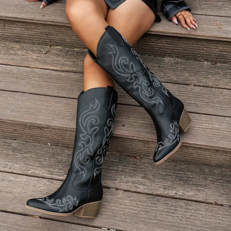 Ginger – Embroidered Knee-High Cowboy Boots for Women