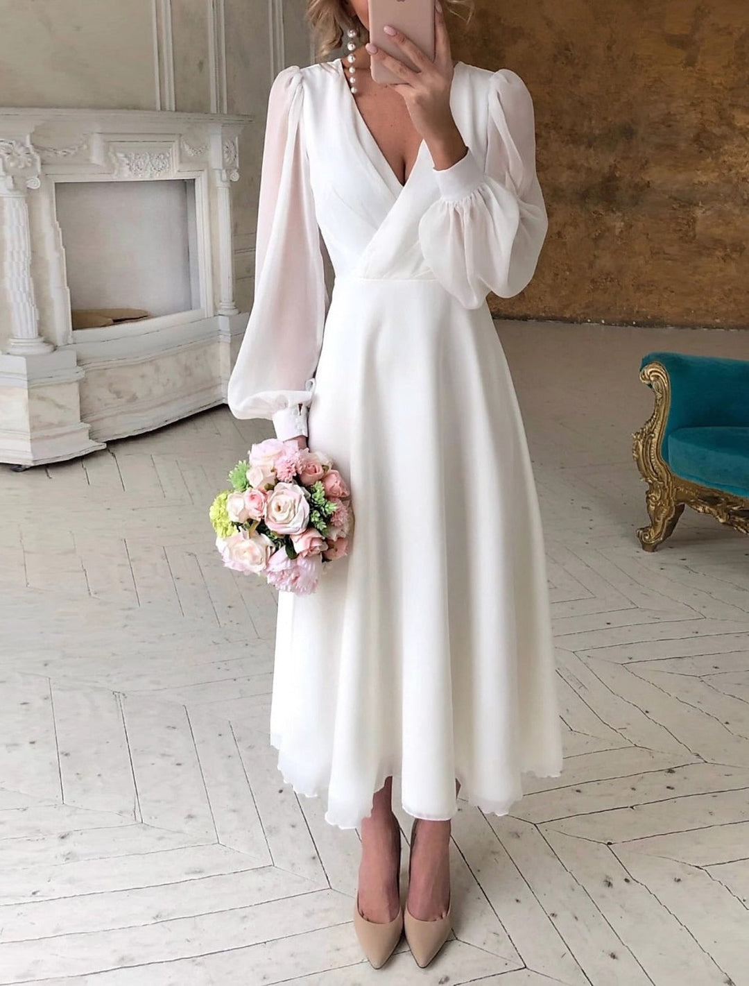 NOUVEAU RICHE Damen Elegant Brautkleid Midi Mit Voluminösen Puffärmel Weiß