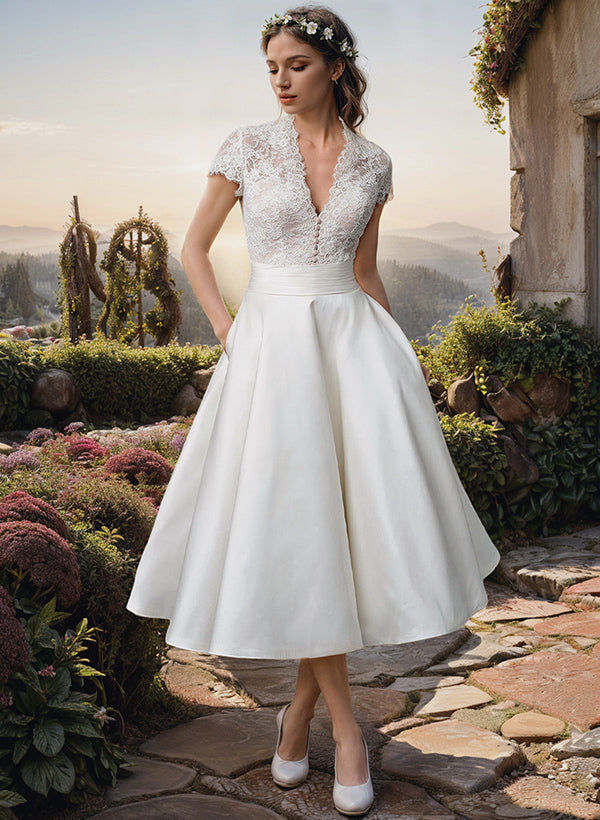 Dora – Lace-Look V-Neck Midi Dress For Wedding Guests