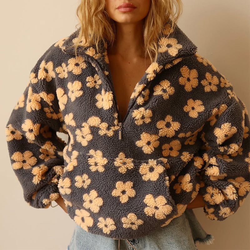 Kaitlyn – Floral Sherpa Quarter-Zip Pullover for Women