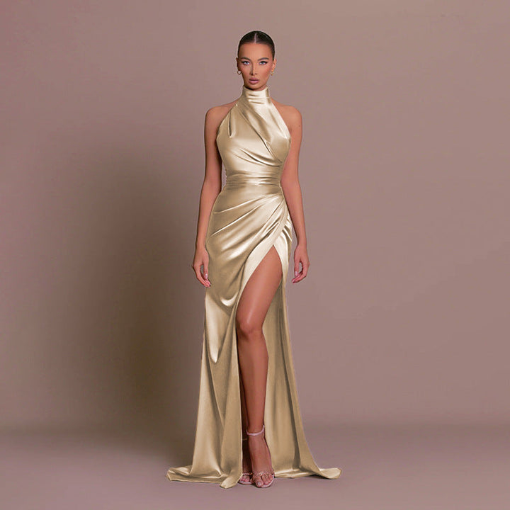 Aurelia – High-Neck Halter Slit Maxi Dress for Wedding Guests