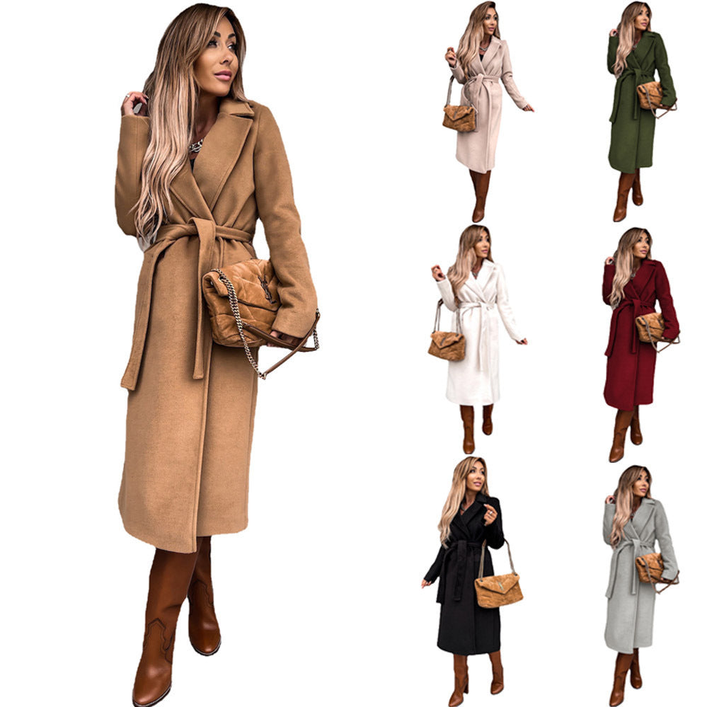 Louise – Tie-Belt Longline Coat in Textured Wool-Look