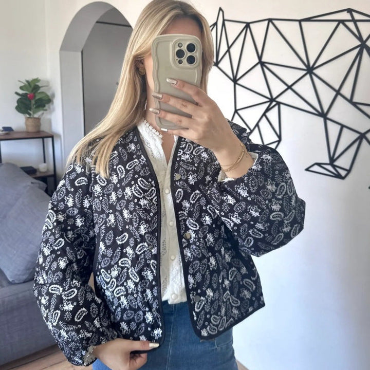 Marnie – Paisley Print Quilted Jacket with Contrast Piping