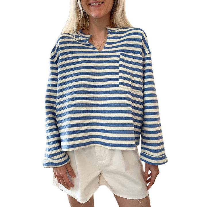 Isadora – Striped Notch-Neck Sweatshirt with Chest Pocket