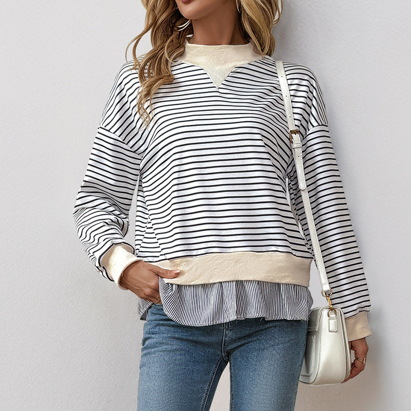 Jaida – Striped Mock-Neck Sweatshirt with Pleated Hem