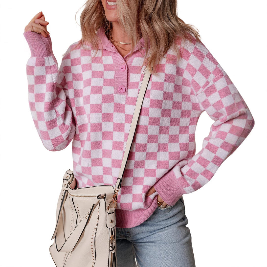 Juniper – Checkerboard Collared Button-Placket Sweater